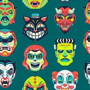 Vintage Halloween Masks on Teal