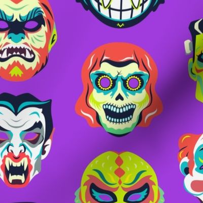 Vintage Halloween Masks on Purple