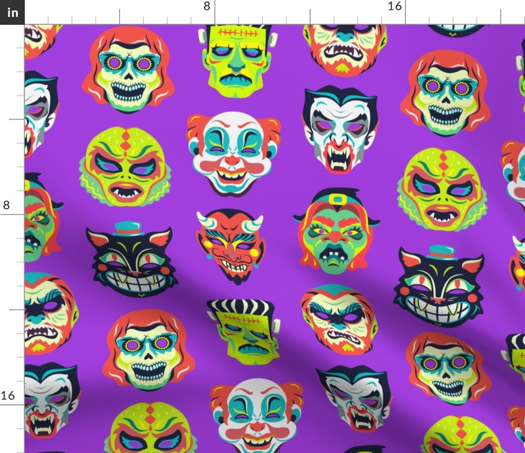 Vintage Halloween Masks on Purple