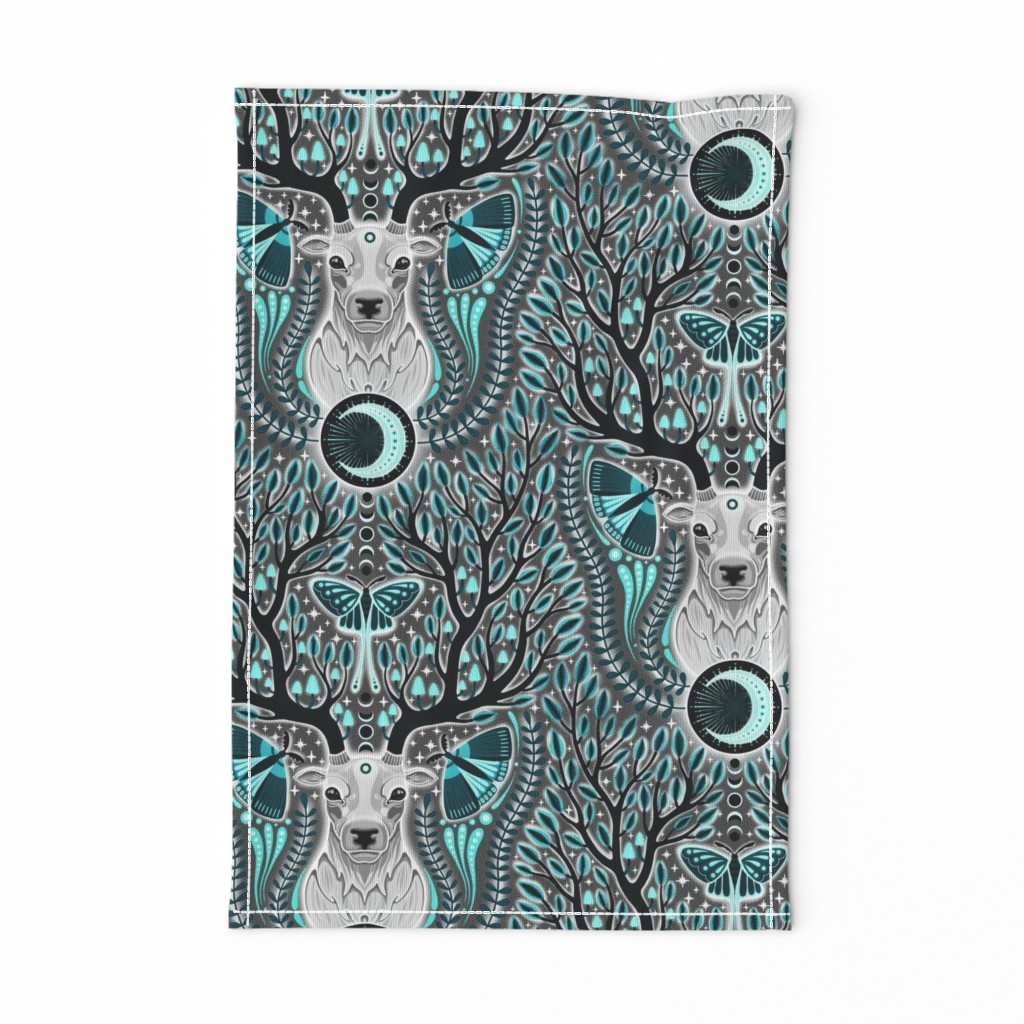 MEDIUM  Magic whimsigothic deer spirit  0020 D  teal lazure emerald green blue black white whismical moths glow antlers leaves plants monochromatic