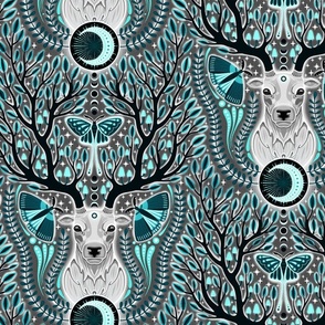 MEDIUM  Magic whimsigothic deer spirit  0020 D  teal lazure emerald green blue black white whismical moths glow antlers leaves plants monochromatic