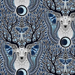 MEDIUM Magic whimsigothic deer spirit  0020 C  blue sky blue light blue whismical moths glow antlers leaves plants monochromatic