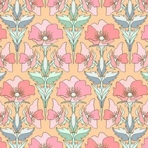 Elegant pink flowers on a beige background. Symmetrical botany - SMALL scale
