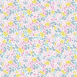 Extra-small scaled, whimsical and playful pattern in colors of bright yellow, pink, aqua blue, royal blue and off white.  