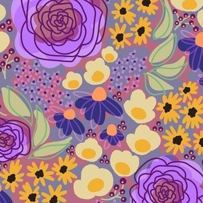 Moody Floral Dream: Dark Cool Graphic Botanical Print in Purple & Yellow