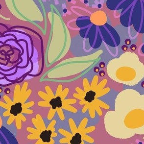 Large-Scale Moody Floral Dream: Dark Cool Graphic Botanical Print in Purple & Yellow