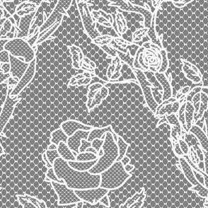 Lacy Roses and Thorns - Large, Gray and White