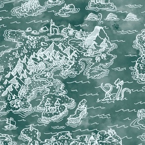 Old Fantasy Map with Happy Sea Monsters - Nautical Teal
