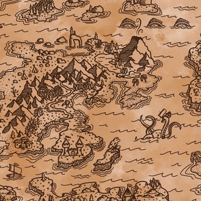 Old Fantasy Map with Happy Sea Monsters - Brown