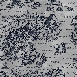 Old Fantasy Map with Happy Sea Monsters - Black, Gray, and White