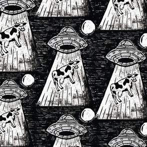 UFO Alien Cow Abduction ; Whimsical Lino Block Design-Print Black and White
