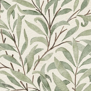 watercolor leaves - green on cream - william morris inspired // large scale