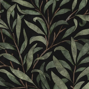 watercolor leaves - green on black - william morris inspired // large scale
