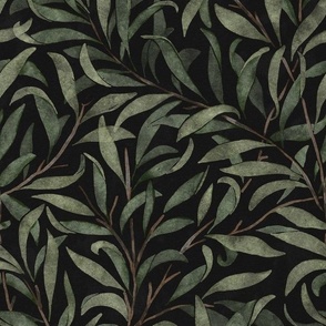 watercolor leaves - green on black - william morris inspired // medium scale