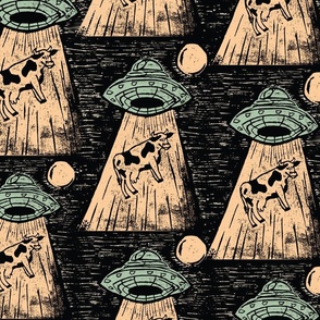 UFO Alien Cow Abduction; Whimsical Lino Block Design-Print Yellow Black Teal