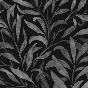 watercolor leaves - grey on black - william morris inspired // large scale