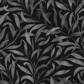 watercolor leaves - grey on black - william morris inspired // medium scale