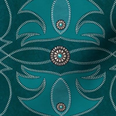 Turquoise leather stitching with silver conchos on suede leather