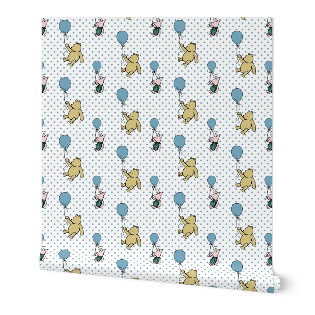 Bigger Classic Pooh and Piglet with Balloons Antique Blue Dots