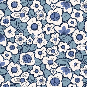 Fields of Flowers - Soft Teal and Navy - Medium Scale