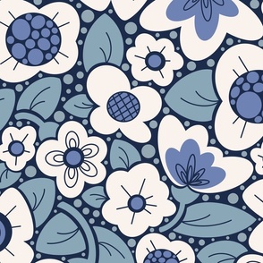 Fields of Flowers - Soft Teal and Navy - Large Scale