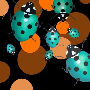 Teal ladybugs on orange and brown polka dots