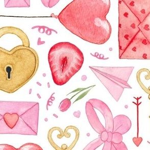 valentines Day watercolour letters and lock and key