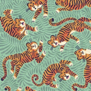 Happy Tigers in Green Rotated 90º