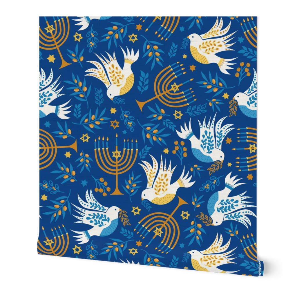 Hanukkah Birds Navy: Happy Hanukkah Collection, Menorah, Star of David, Jewish Festival of Lights - L
