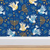 Hanukkah Birds Navy: Happy Hanukkah Collection, Menorah, Star of David, Jewish Festival of Lights - L