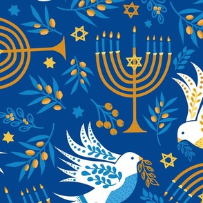 Hanukkah Birds Navy: Happy Hanukkah Collection, Menorah, Star of David, Jewish Festival of Lights - L