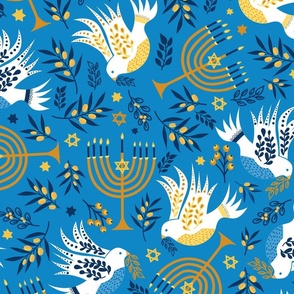 Hanukkah Birds Blue: Happy Hanukkah Collection, Menorah, Star of David, Jewish Festival of Lights - L