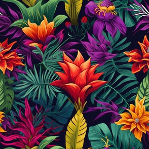 Exotic plants pattern with purple, orange and red flowers