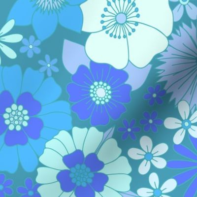 retro vintage floral jumbo wallpaper turquoise blue by Pippa Shaw