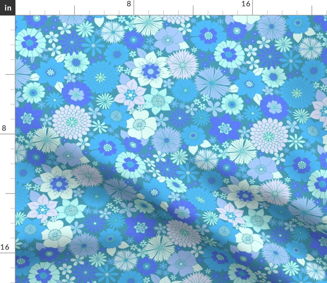 retro vintage floral large wallpaper turquoise blue by Pippa Shaw