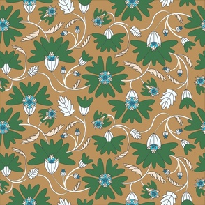 Seamless design with green cornflowers on a brown background