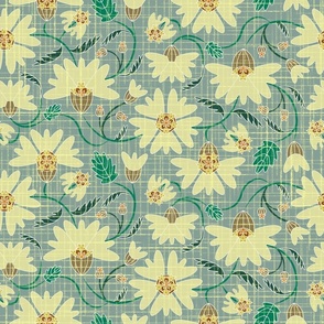 Ornament: orange stylized galinsoga flower in yellow-green tones with a checkered pattern