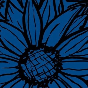 xl-Hand drawn sunflowers and daisies - black on indigo dye