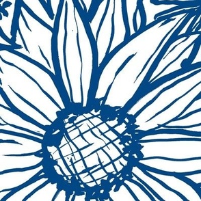 xl-Hand drawn sunflowers and daisies - indigo dye on white