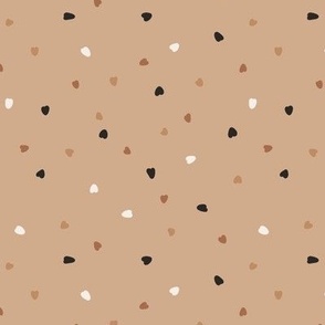 Tiny Multi Tossed Hearts in Neutral Earth Tones on Light Brown