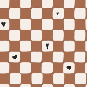 Checkerboard Love with Hearts in Rust Red Brown
