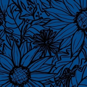 large-Hand drawn sunflowers and daisies - black on indigo dye