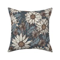 L Hand drawn sunflowers and daisies - muted blue gray beige brown florals