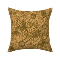 large-Hand drawn sunflowers and daisies - field drab brown on earth yellow