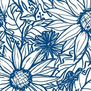 large-Hand drawn sunflowers and daisies - indigo dye on white