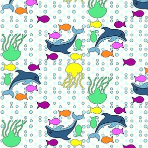 Coral Bubbles, dolphins, fish, jelly