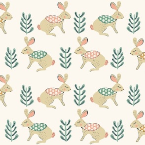 Large, Boho Baby Woodland Bunny Rabbits on cream background