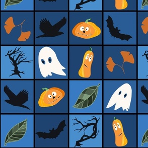 Patchwork Pattern for Halloween / Cheater Quilt on shades of blue - medium scale