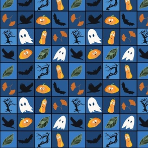 Patchwork Pattern for Halloween / Cheater Quilt on shades of blue - small scale