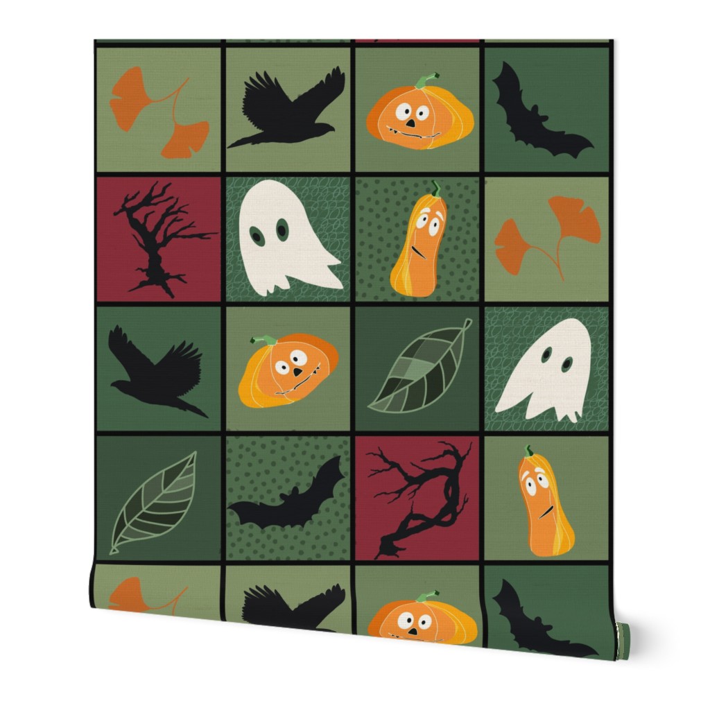 Patchwork Pattern for Halloween / Cheater Quilt on shades of green - large scale